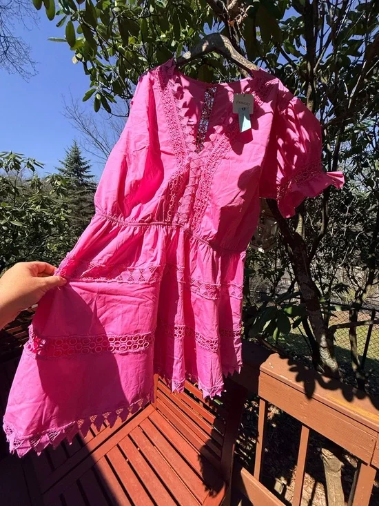 Anthropologie Bright Hot Pink Crochet-Trim Dress - Picture 11 of 16